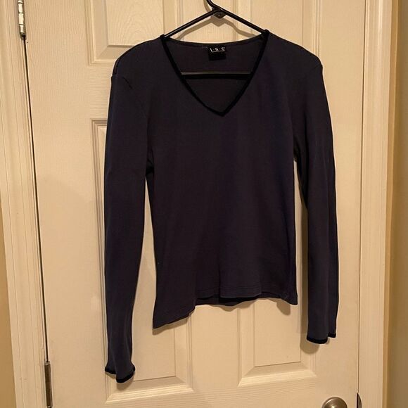 INC International Concepts Navy Blue Ribbed Top with Velvet Trim - Large - Picture 3 of 5